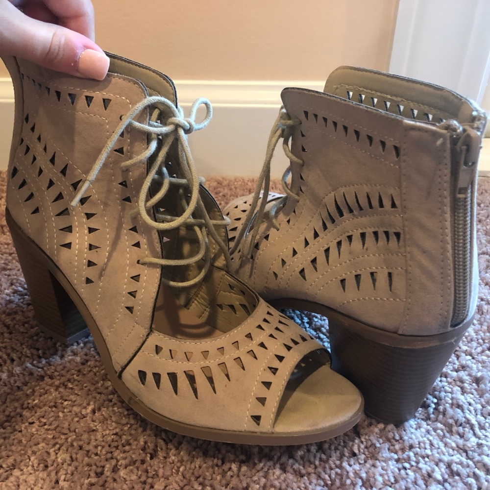 Beige Lace up Block Heel